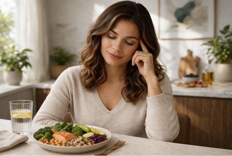Jeune femme souriante tenant une fourchette et un couteau avec envie, illustrant l’envie de manger liée aux comportements alimentaires.